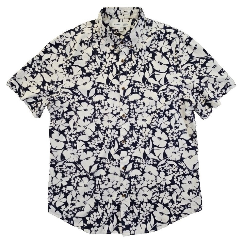 Old Navy Hawaiian Shirt Men's Size XL Tall Built-In-Flex Navy Blue & White EUC